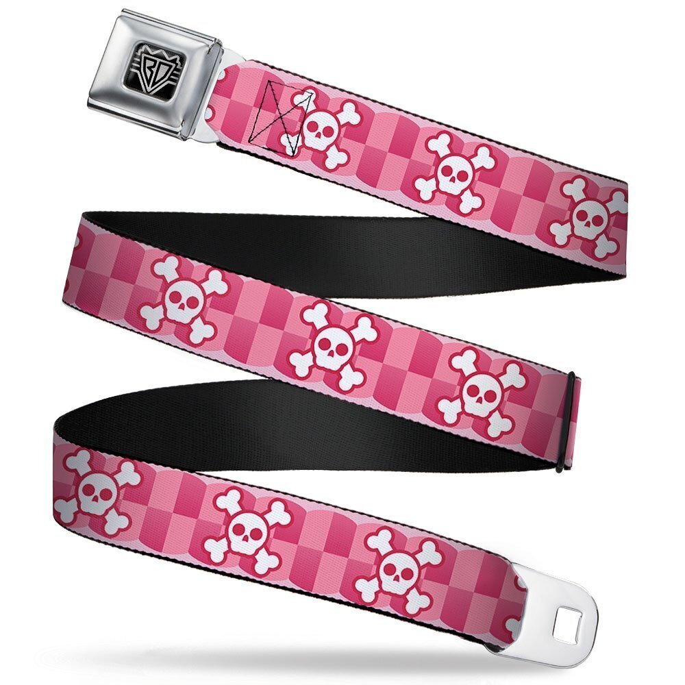3639 Seatbelt Belt - Cute Skulls w/Checkers Pinks/White - 1.5" Wide - 32-52